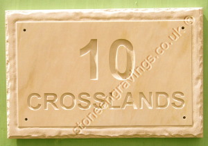 Crossland house name sign. Bathstone rock border design. Arial standard font.