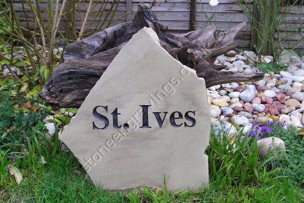 St Ives, random boulder house sign. Derby sandstone. Engravers Times font.