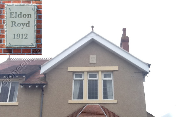 Customers photo of Cream sandstone with rock border edge mounted on gable end of customers house.